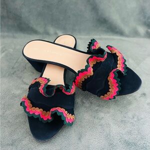 Loeffler Randall navy suede w/ pink, green, brown ruffle embellishment sz 8.5